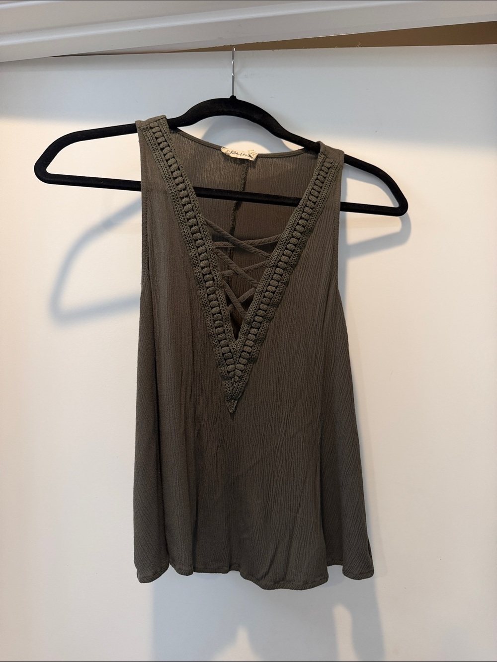 Sleeveless Olive Green V-Neck Crochet Trim Tank Top
